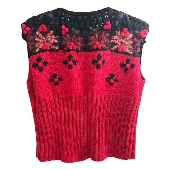 Vintage Hand Knit Embroidered Floral Cranberry Red Ribbed Waist Sweater Size S - Picture 4 of 5